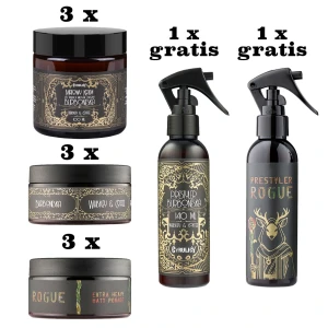 Barberski zestaw do stylizacji włosów Rogue i Burboneska ( 3 x pomady wodne, 3 x pomady glinki, 3 x kremy do włosów kręconych +  2 prestylery gratis)